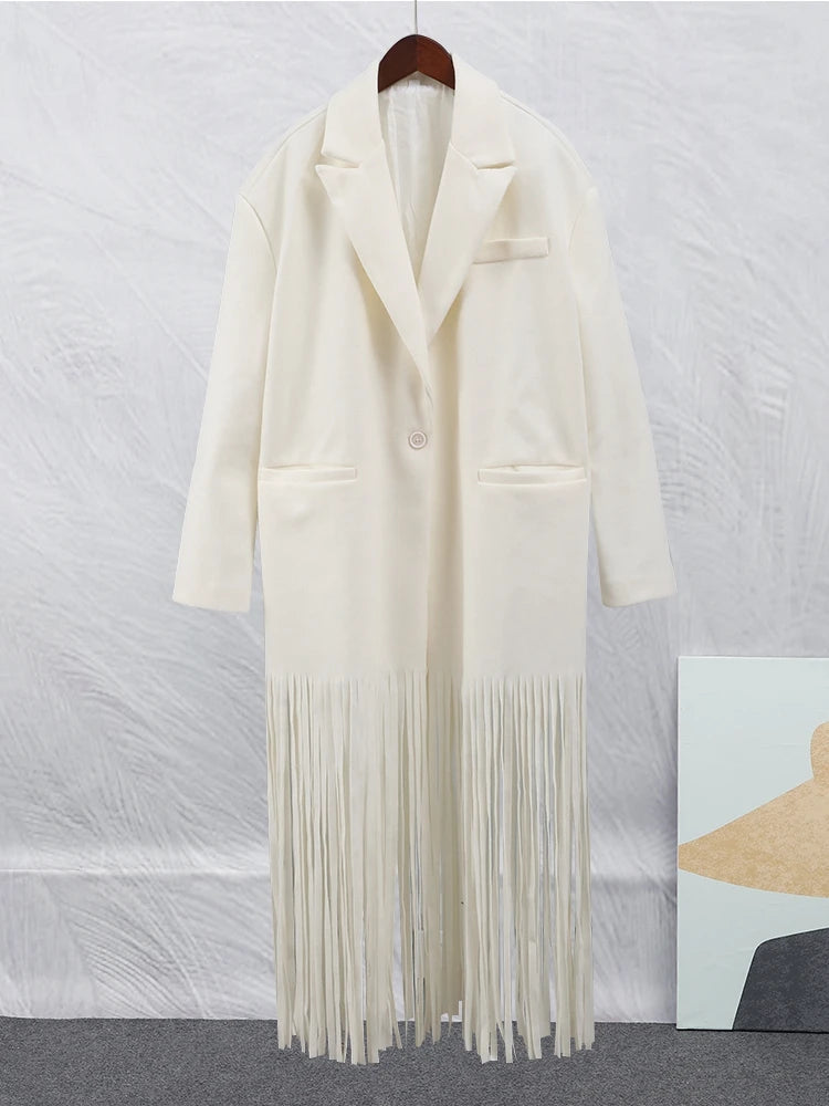 2023 Autumn New Solid Tassel Woolen Blends Coat Women Lapel Full Sleeve With Pocket Coats Female Fashion Streetwear Overcoats