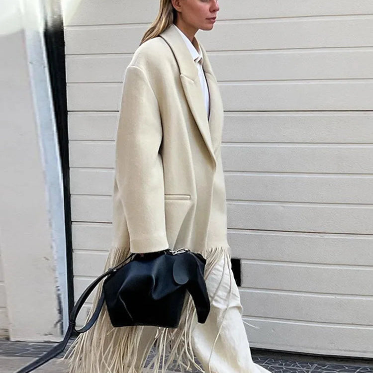 2023 Autumn New Solid Tassel Woolen Blends Coat Women Lapel Full Sleeve With Pocket Coats Female Fashion Streetwear Overcoats
