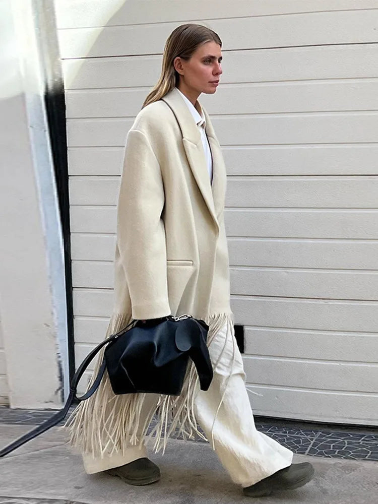 2023 Autumn New Solid Tassel Woolen Blends Coat Women Lapel Full Sleeve With Pocket Coats Female Fashion Streetwear Overcoats
