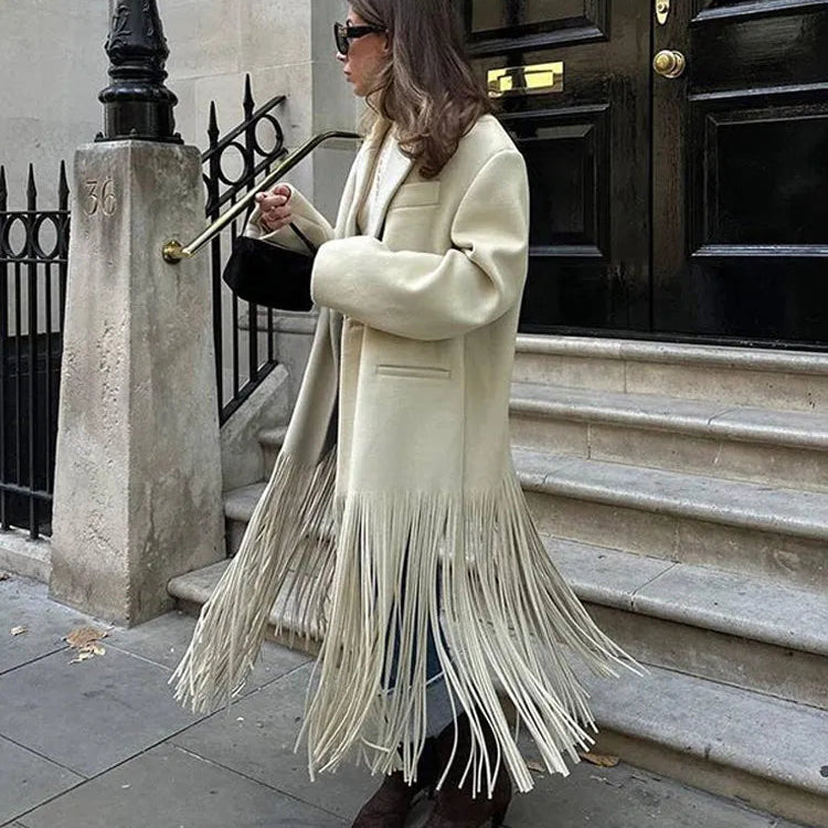 2023 Autumn New Solid Tassel Woolen Blends Coat Women Lapel Full Sleeve With Pocket Coats Female Fashion Streetwear Overcoats