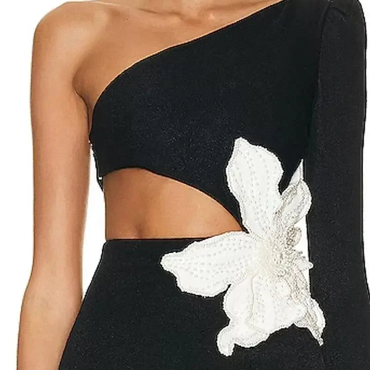 2023 Autumn New Women's Sexy One Shoulder Long Sleeve Hollow Out Flower Bandage Midi Dress Bodycon Celebrity Party Evening Dress