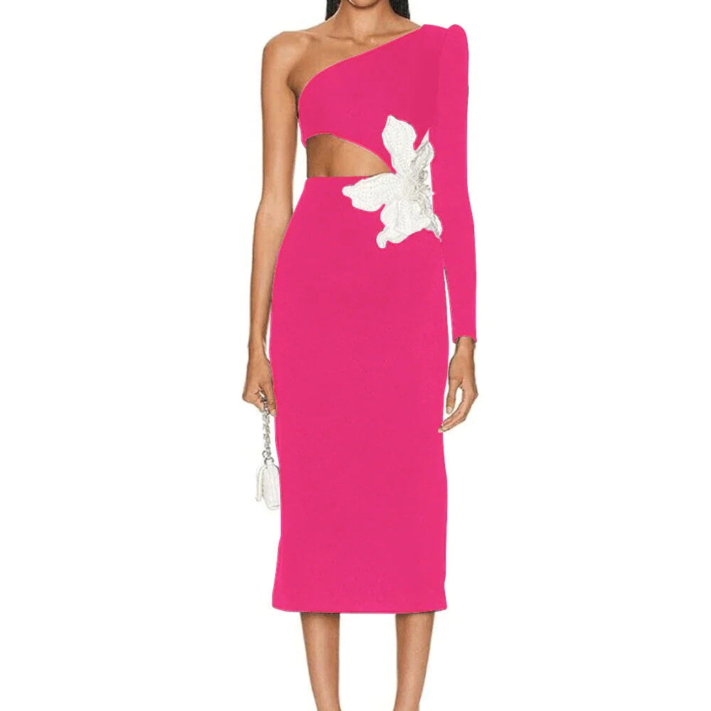 2023 Autumn New Women's Sexy One Shoulder Long Sleeve Hollow Out Flower Bandage Midi Dress Bodycon Celebrity Party Evening Dress Rose red