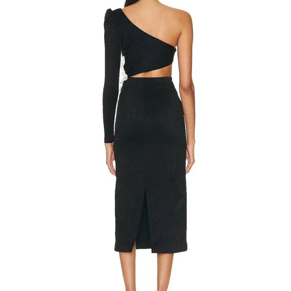 2023 Autumn New Women's Sexy One Shoulder Long Sleeve Hollow Out Flower Bandage Midi Dress Bodycon Celebrity Party Evening Dress