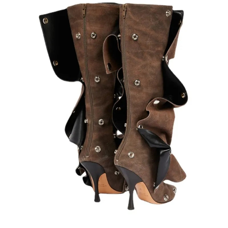 2023 European and American Fashion Sexy Slim Fit High Heel Pleated Long Boots Women's Four Seasons Long Boots Sexy Show Boots