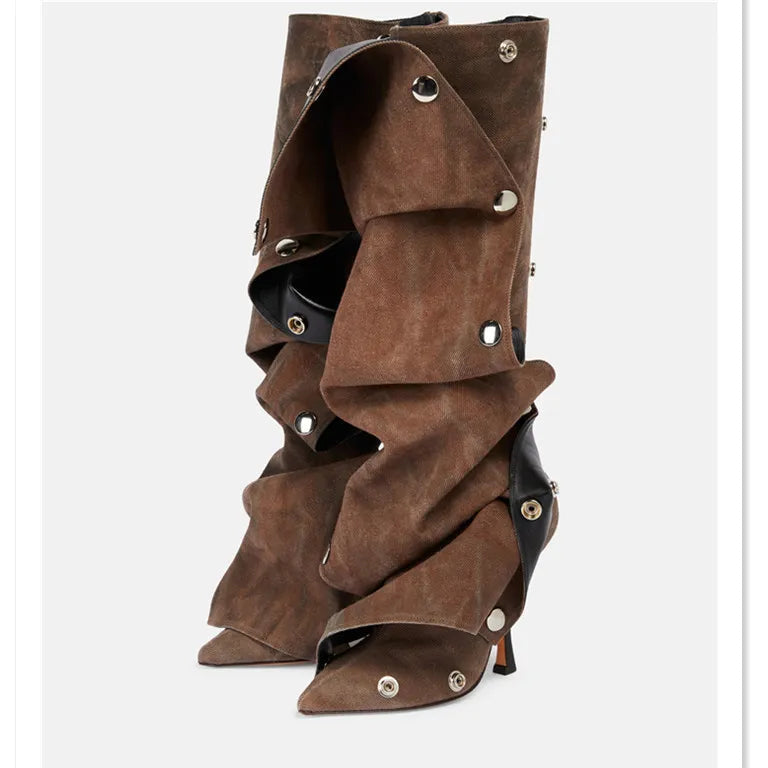 2023 European and American Fashion Sexy Slim Fit High Heel Pleated Long Boots Women's Four Seasons Long Boots Sexy Show Boots brown