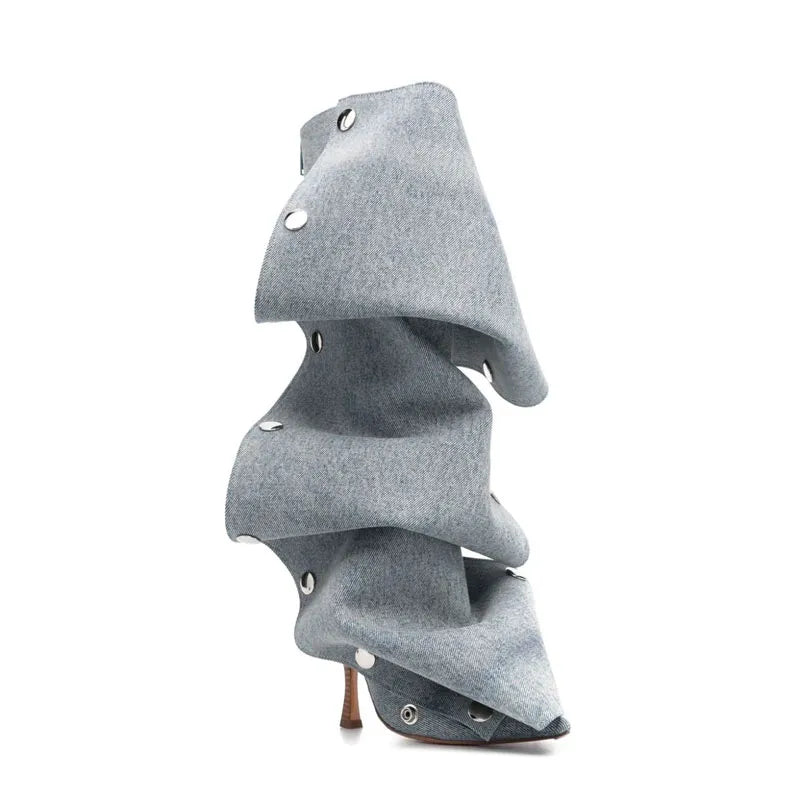 2023 European and American Fashion Sexy Slim Fit High Heel Pleated Long Boots Women's Four Seasons Long Boots Sexy Show Boots blue