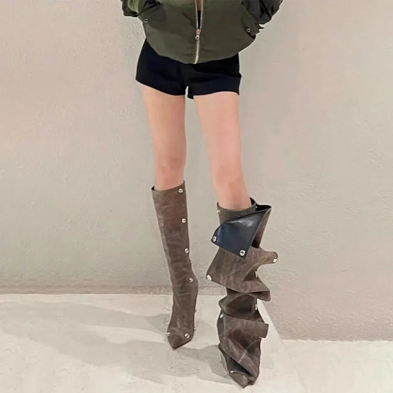 2023 European and American Fashion Sexy Slim Fit High Heel Pleated Long Boots Women's Four Seasons Long Boots Sexy Show Boots