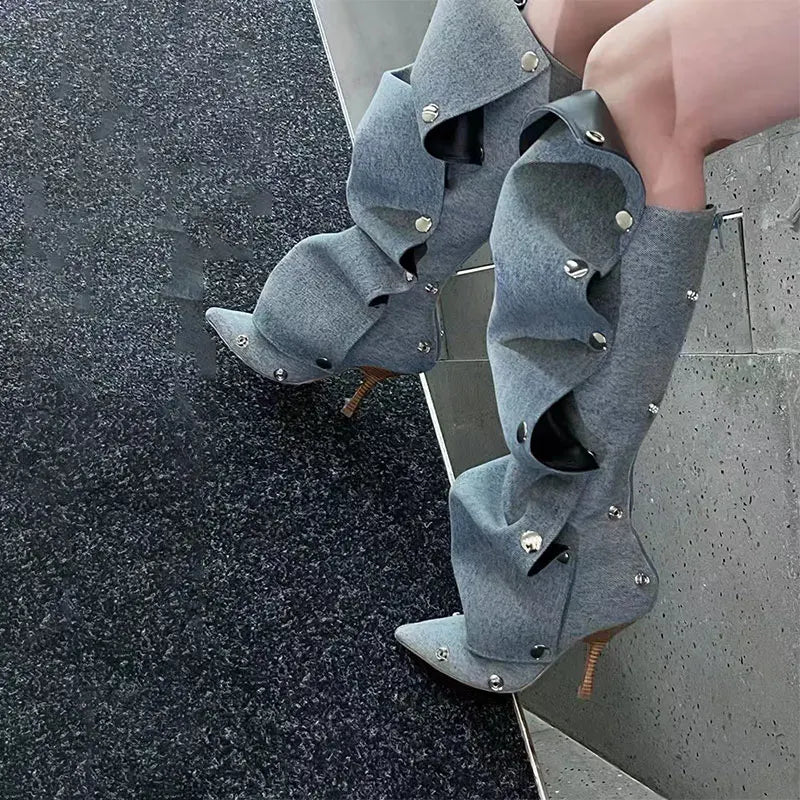 2023 European and American Fashion Sexy Slim Fit High Heel Pleated Long Boots Women's Four Seasons Long Boots Sexy Show Boots