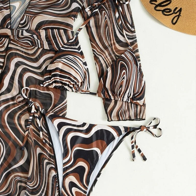 2024 3 Pack Fluid Pattern Lace Up Bikini Tropical Swimsuit And Kimono For Women Sexy Three Pieces Swimwear Beach Bathing Suit