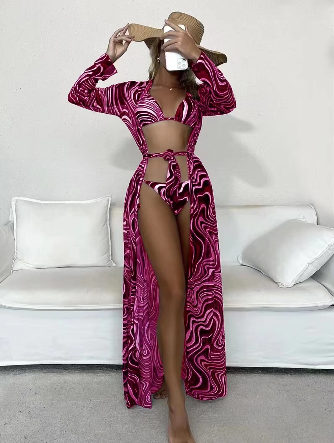 2024 3 Pack Fluid Pattern Lace Up Bikini Tropical Swimsuit And Kimono For Women Sexy Three Pieces Swimwear Beach Bathing Suit