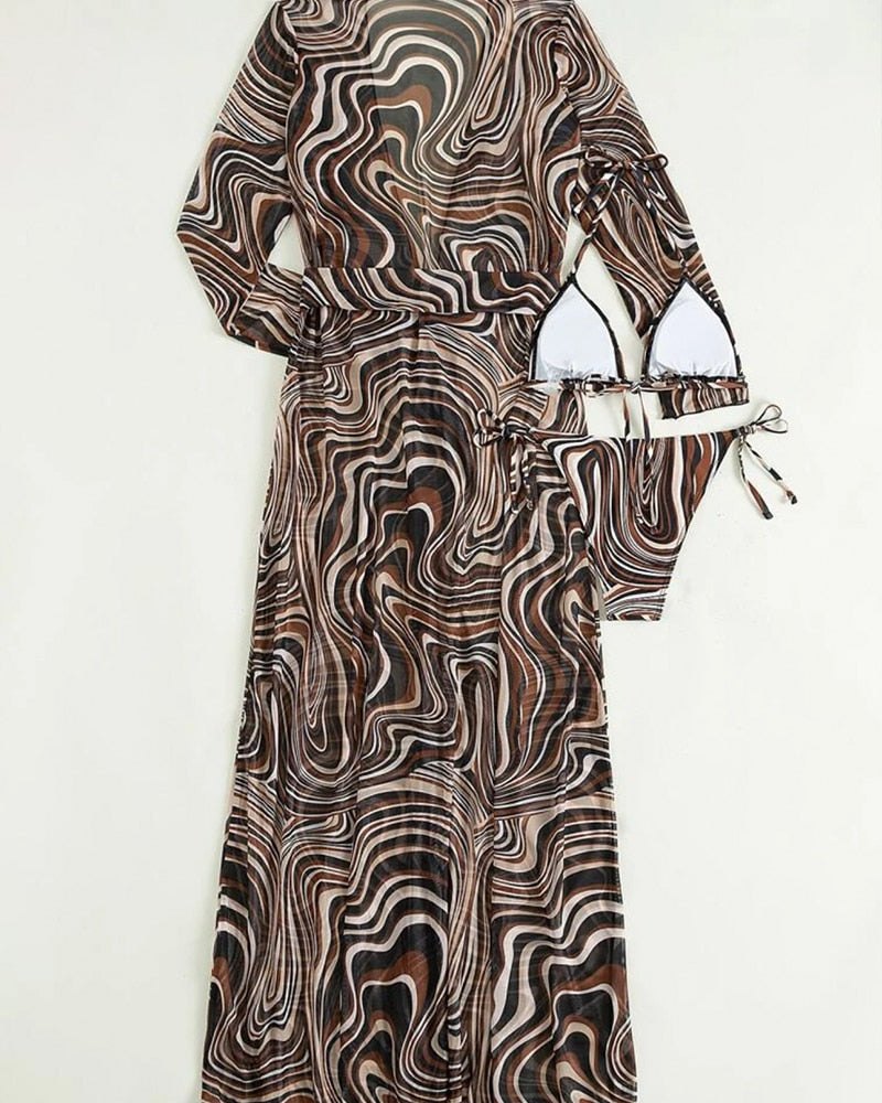 2024 3 Pack Fluid Pattern Lace Up Bikini Tropical Swimsuit And Kimono For Women Sexy Three Pieces Swimwear Beach Bathing Suit