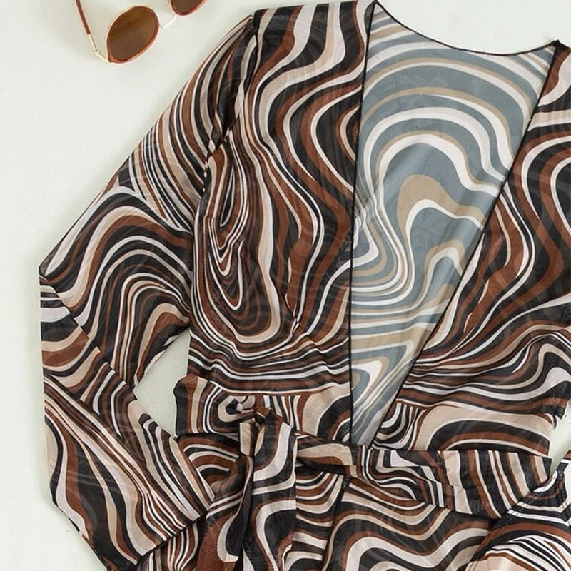 2024 3 Pack Fluid Pattern Lace Up Bikini Tropical Swimsuit And Kimono For Women Sexy Three Pieces Swimwear Beach Bathing Suit