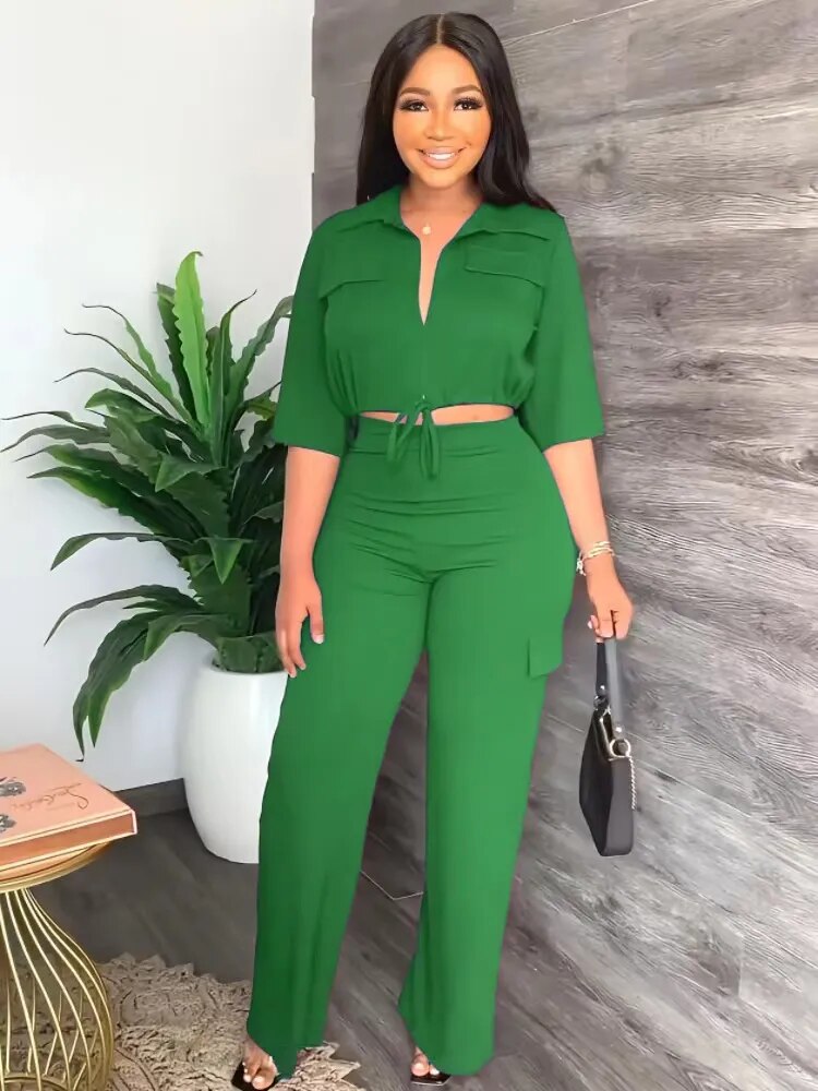 2024 Autumn Elegant Women Set Half Sleeve Blouse And Straight Wide Leg Safari Pants Set Fashion Tracksuit Two Piece Set Outfits