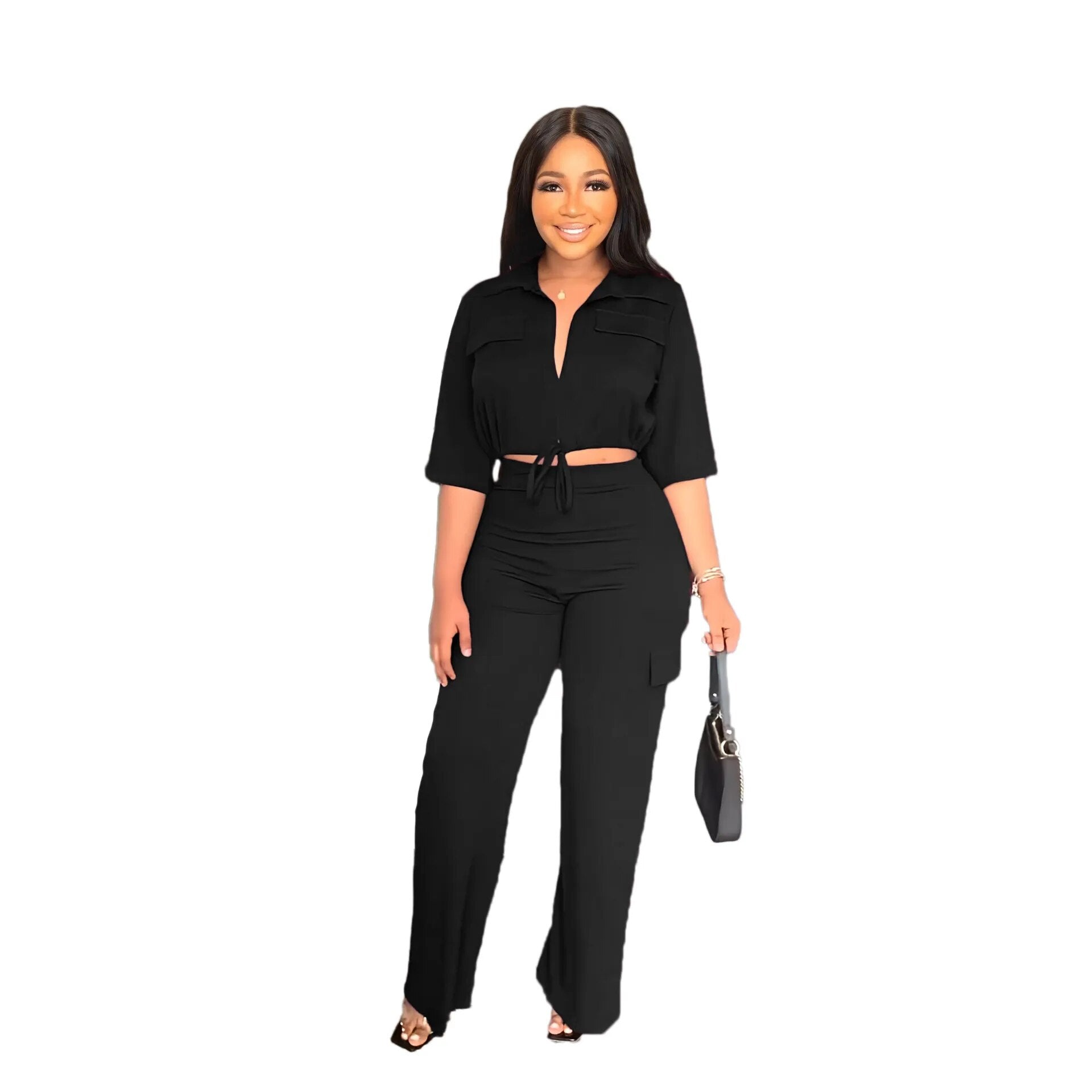 2024 Autumn Elegant Women Set Half Sleeve Blouse And Straight Wide Leg Safari Pants Set Fashion Tracksuit Two Piece Set Outfits Black TZ162