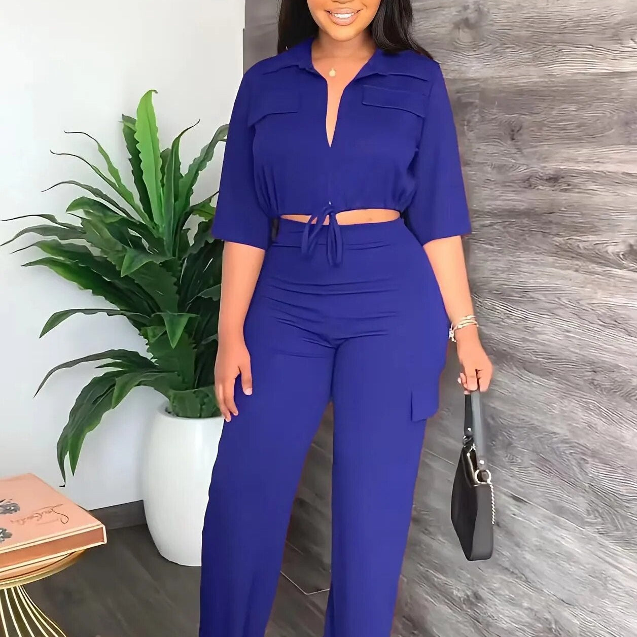 2024 Autumn Elegant Women Set Half Sleeve Blouse And Straight Wide Leg Safari Pants Set Fashion Tracksuit Two Piece Set Outfits