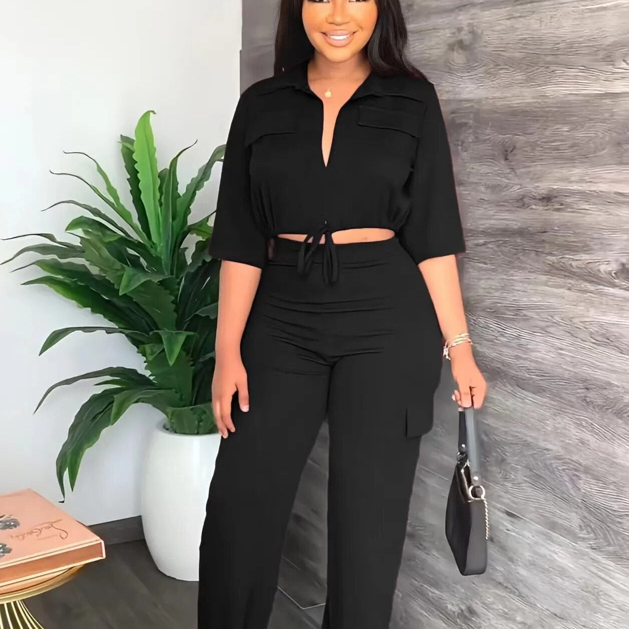 2024 Autumn Elegant Women Set Half Sleeve Blouse And Straight Wide Leg Safari Pants Set Fashion Tracksuit Two Piece Set Outfits