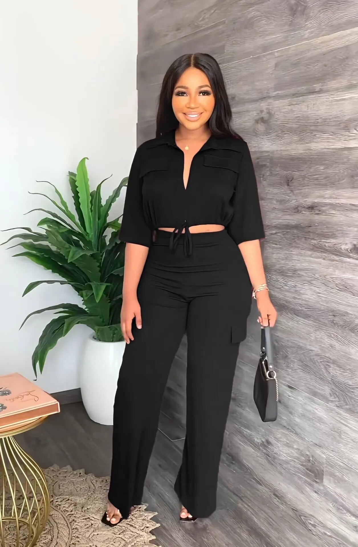 2024 Autumn Elegant Women Set Half Sleeve Blouse And Straight Wide Leg Safari Pants Set Fashion Tracksuit Two Piece Set Outfits