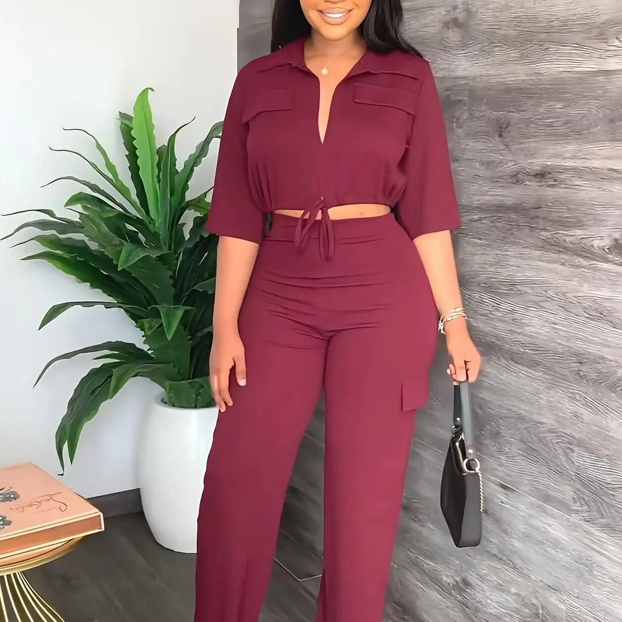 2024 Autumn Elegant Women Set Half Sleeve Blouse And Straight Wide Leg Safari Pants Set Fashion Tracksuit Two Piece Set Outfits