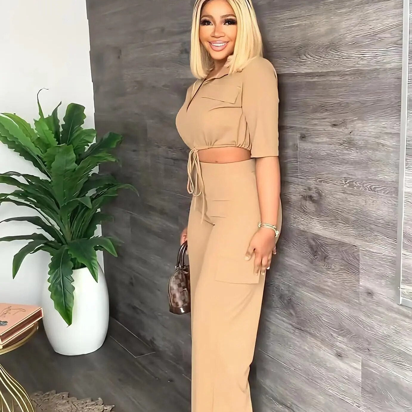 2024 Autumn Elegant Women Set Half Sleeve Blouse And Straight Wide Leg Safari Pants Set Fashion Tracksuit Two Piece Set Outfits