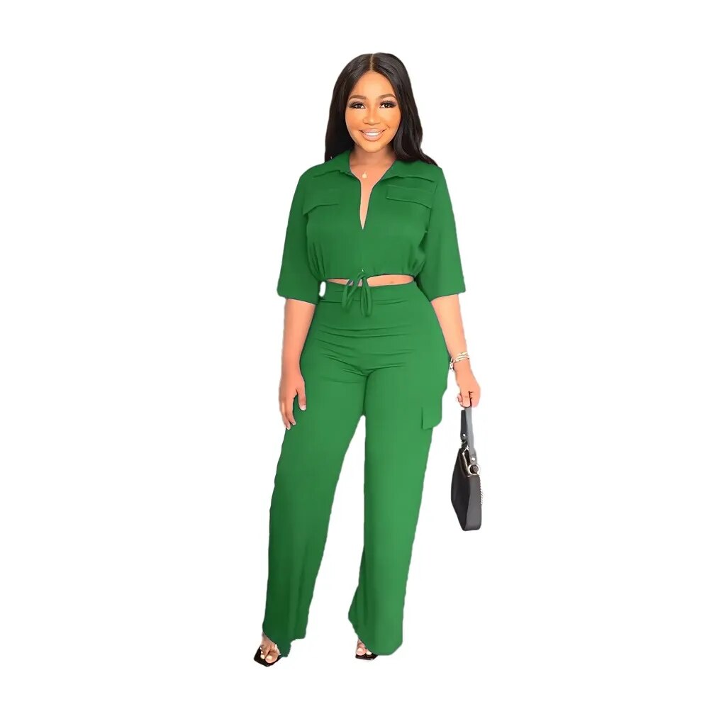2024 Autumn Elegant Women Set Half Sleeve Blouse And Straight Wide Leg Safari Pants Set Fashion Tracksuit Two Piece Set Outfits Green TZ162