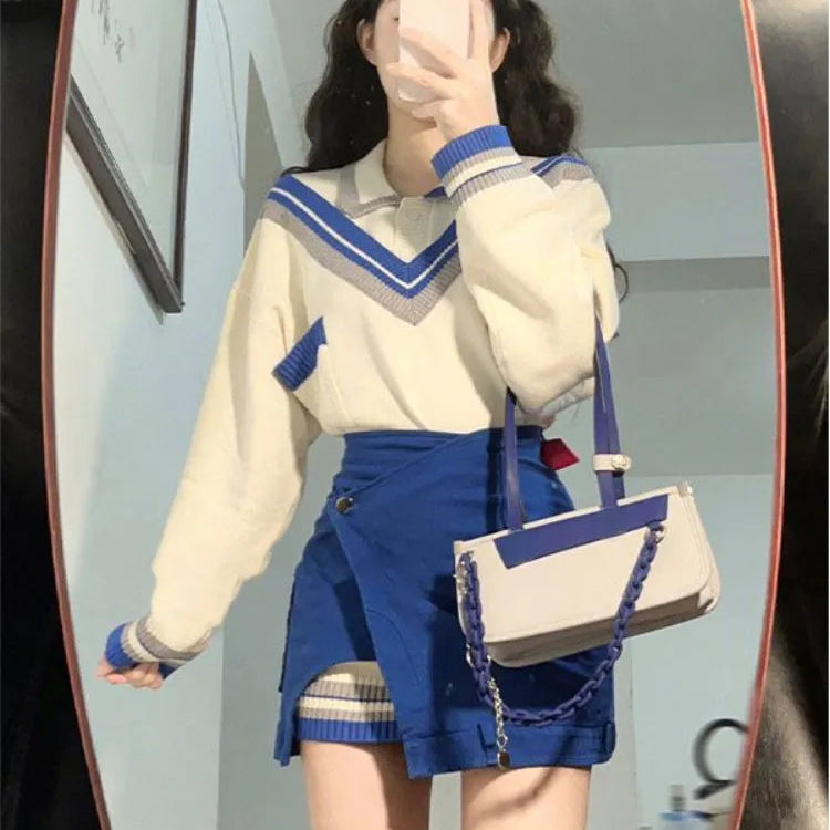 2024 Autumn Fashion Suits Chic Japanese Long Sleeve Y2k Two Piece Dress Set Female Casual Blouse + Blue High Waist Mini Skirts AMAIO