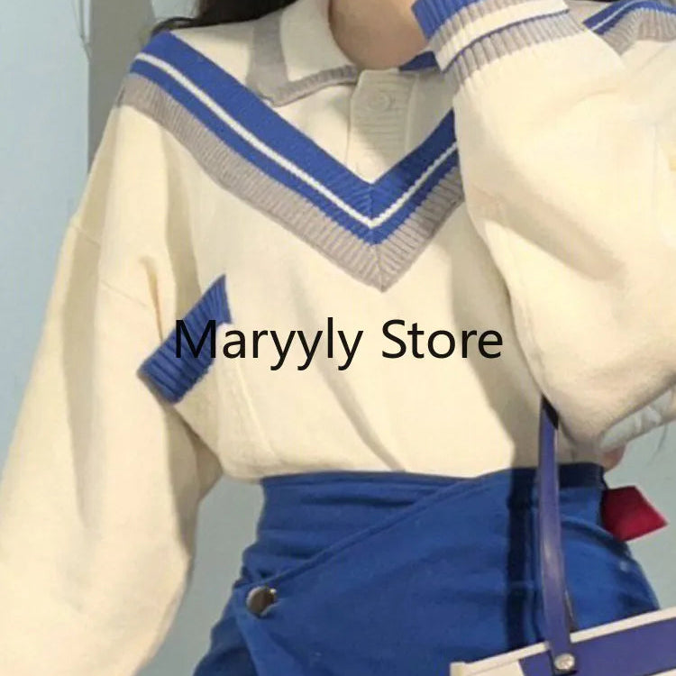 2024 Autumn Fashion Suits Chic Japanese Long Sleeve Y2k Two Piece Dress Set Female Casual Blouse + Blue High Waist Mini Skirts