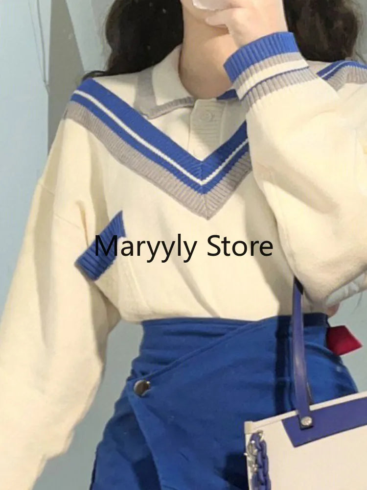 2024 Autumn Fashion Suits Chic Japanese Long Sleeve Y2k Two Piece Dress Set Female Casual Blouse + Blue High Waist Mini Skirts