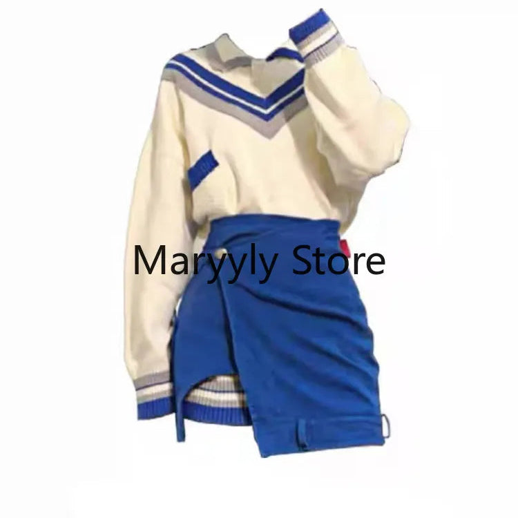 2024 Autumn Fashion Suits Chic Japanese Long Sleeve Y2k Two Piece Dress Set Female Casual Blouse + Blue High Waist Mini Skirts 2 Piece Set