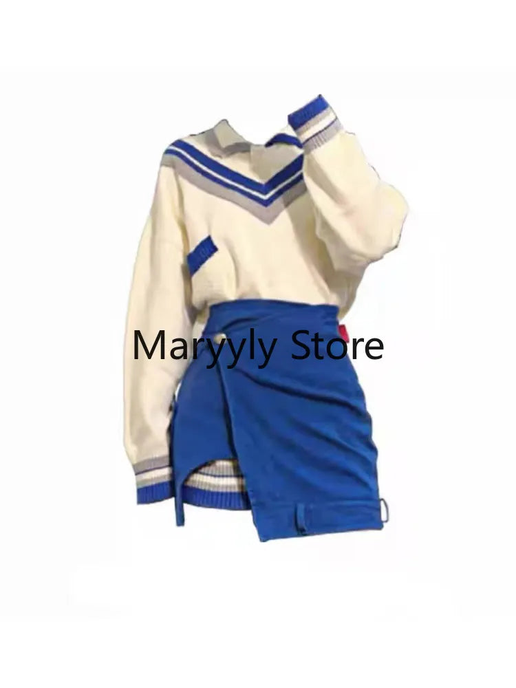 2024 Autumn Fashion Suits Chic Japanese Long Sleeve Y2k Two Piece Dress Set Female Casual Blouse + Blue High Waist Mini Skirts 2 Piece Set