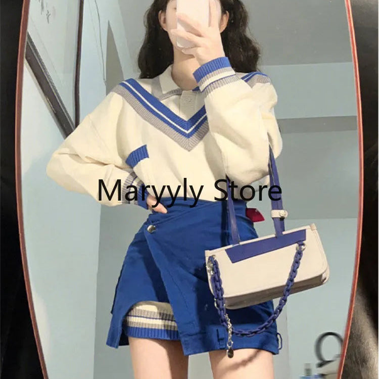2024 Autumn Fashion Suits Chic Japanese Long Sleeve Y2k Two Piece Dress Set Female Casual Blouse + Blue High Waist Mini Skirts