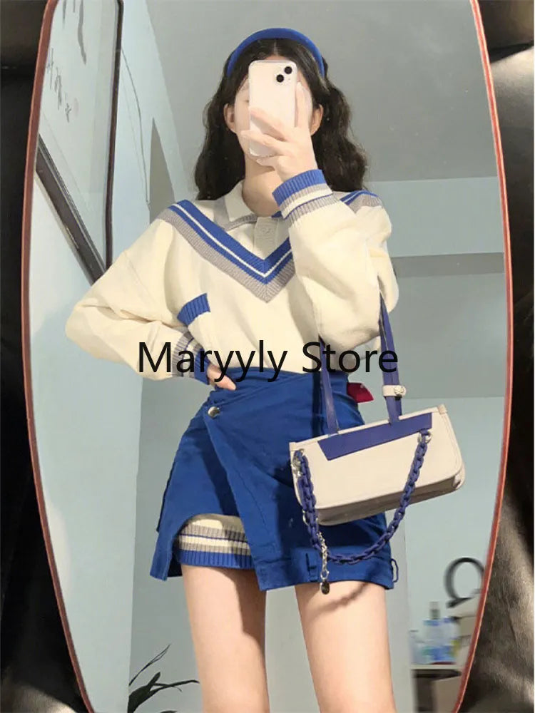 2024 Autumn Fashion Suits Chic Japanese Long Sleeve Y2k Two Piece Dress Set Female Casual Blouse + Blue High Waist Mini Skirts