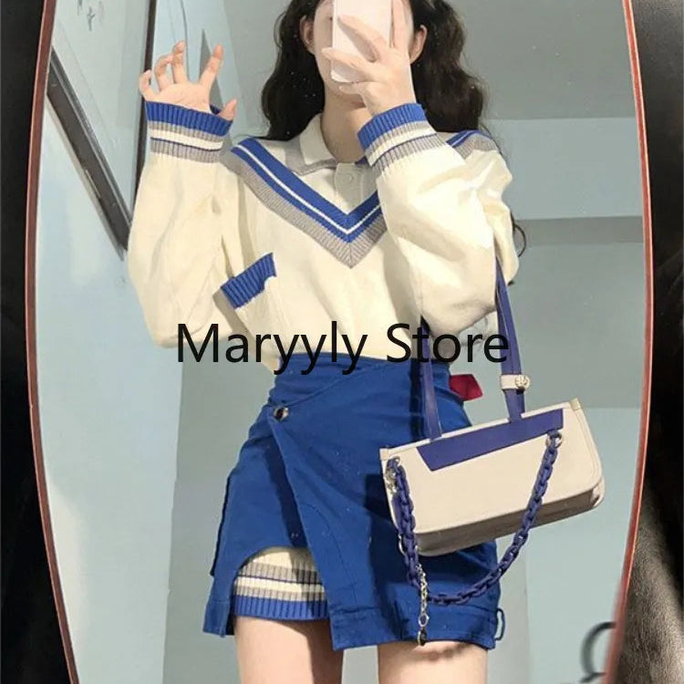 2024 Autumn Fashion Suits Chic Japanese Long Sleeve Y2k Two Piece Dress Set Female Casual Blouse + Blue High Waist Mini Skirts