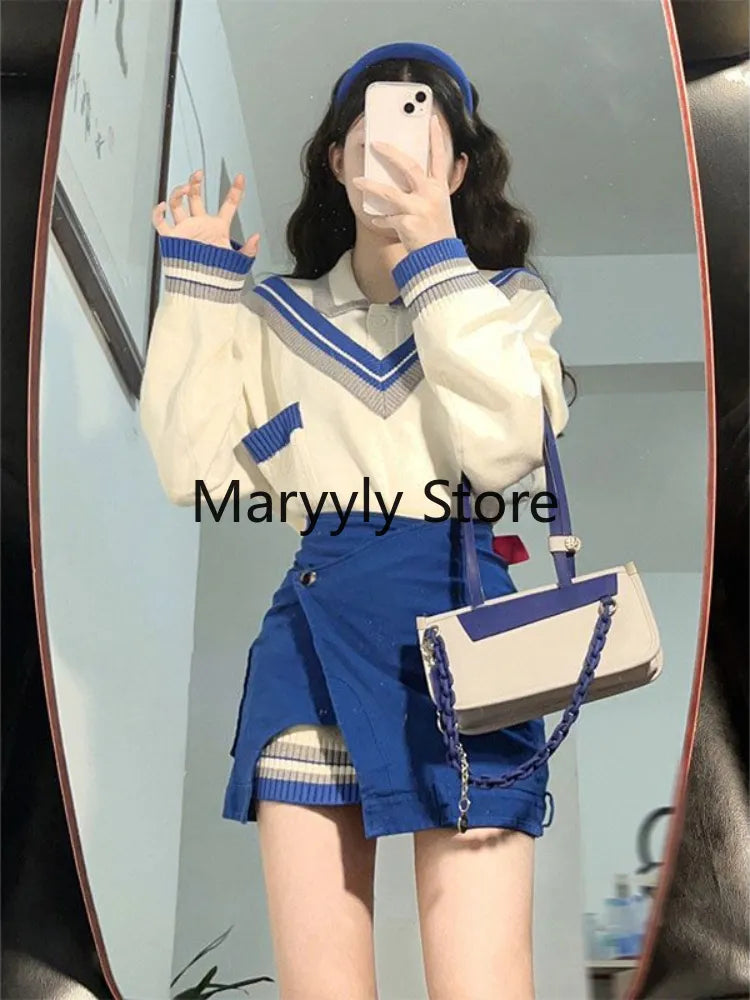 2024 Autumn Fashion Suits Chic Japanese Long Sleeve Y2k Two Piece Dress Set Female Casual Blouse + Blue High Waist Mini Skirts