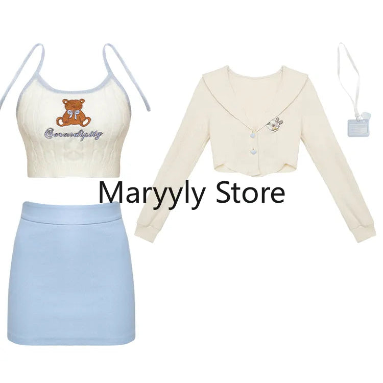 2024 Autumn Japanese Long Sleeve Slim 3 Piece Dress Set Women Kawaii Clothing Pure Color Cardigan + Mini Skirts Fashion Suits