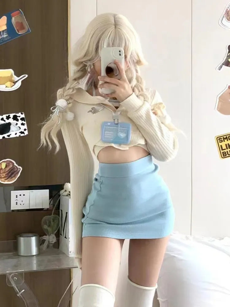 2024 Autumn Japanese Long Sleeve Slim 3 Piece Dress Set Women Kawaii Clothing Pure Color Cardigan + Mini Skirts Fashion Suits