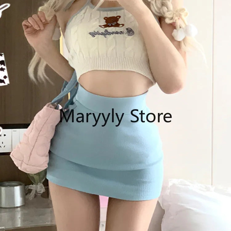 2024 Autumn Japanese Long Sleeve Slim 3 Piece Dress Set Women Kawaii Clothing Pure Color Cardigan + Mini Skirts Fashion Suits