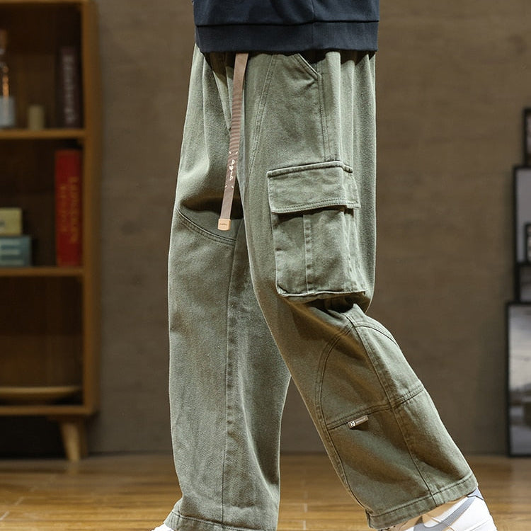 Men's Cotton Baggy Straight Cargo Pants Vintage Trousers Korean