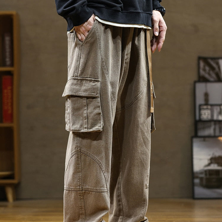 Women Korean Fashion Oversized Pockets Cargo Denim Pants Wide Leg Cute  Trousers