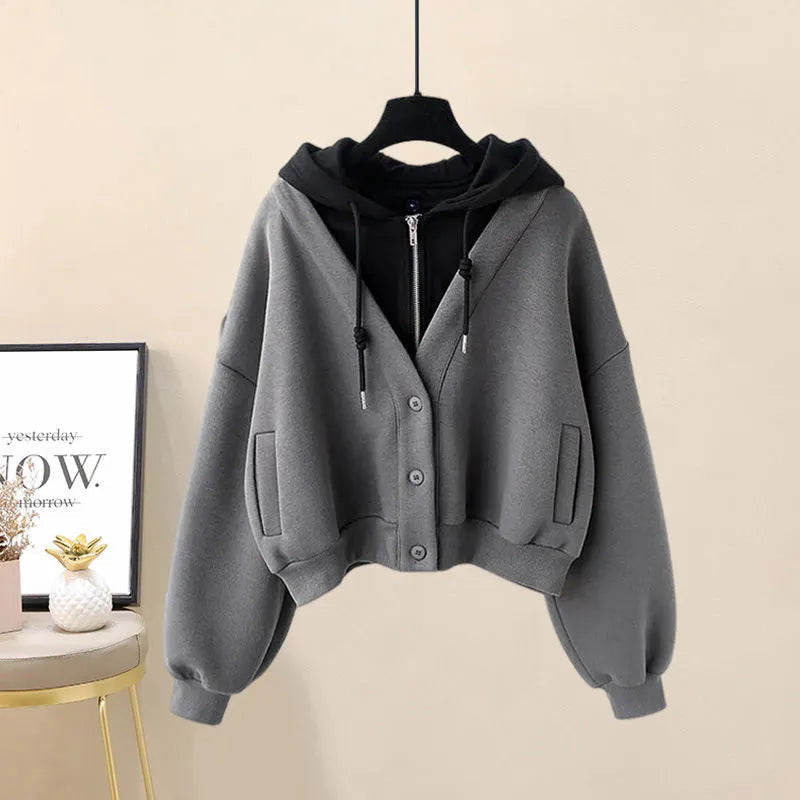 2024 Autumn New Plush and Thick Patchwork Hoodie Jacket Pleated Mini Skirt Two-piece Elegant Women's Skirt Set Outfits only gray hoodie