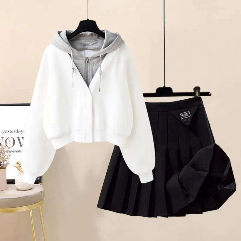 2024 Autumn New Plush and Thick Patchwork Hoodie Jacket Pleated Mini Skirt Two-piece Elegant Women's Skirt Set Outfits 2pcs set 09