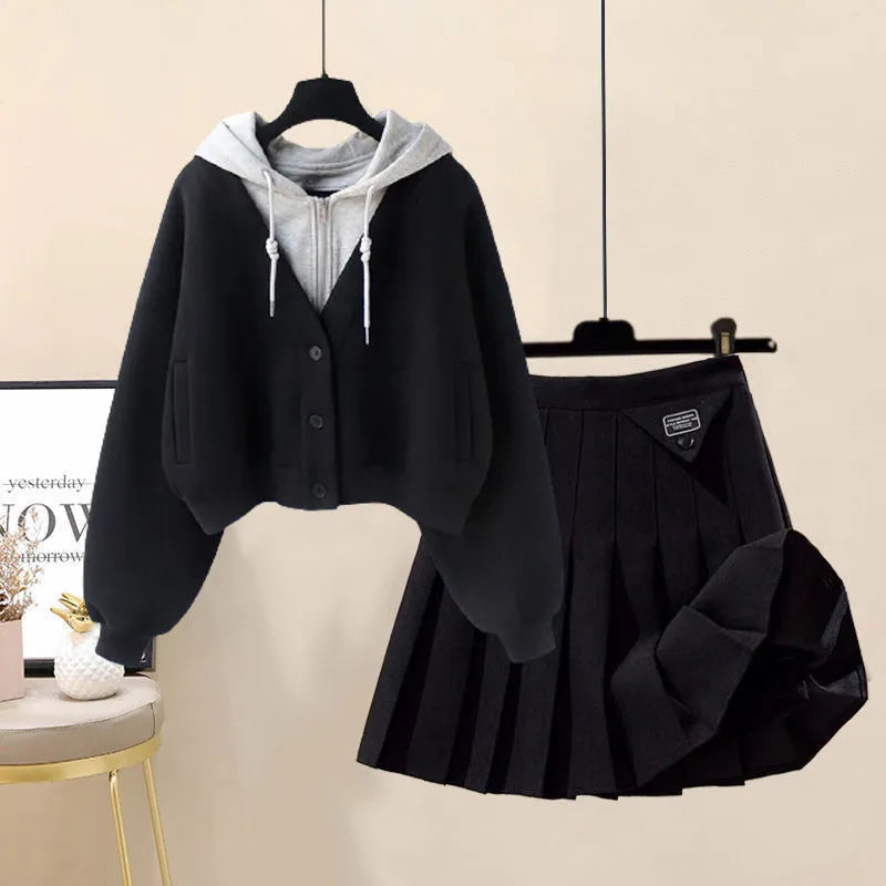 2024 Autumn New Plush and Thick Patchwork Hoodie Jacket Pleated Mini Skirt Two-piece Elegant Women's Skirt Set Outfits 2pcs set 08