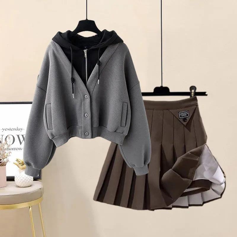 2024 Autumn New Plush and Thick Patchwork Hoodie Jacket Pleated Mini Skirt Two-piece Elegant Women's Skirt Set Outfits AMAIO