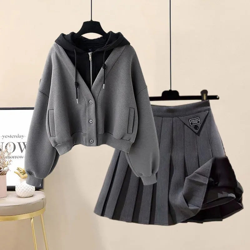 2024 Autumn New Plush and Thick Patchwork Hoodie Jacket Pleated Mini Skirt Two-piece Elegant Women's Skirt Set Outfits 2pcs set 01