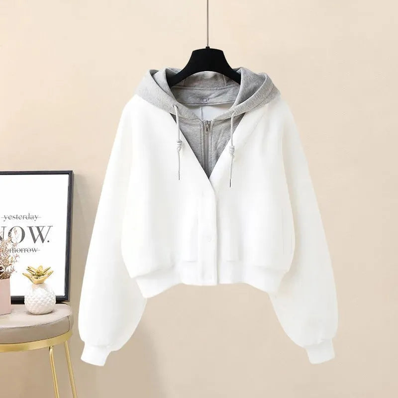 2024 Autumn New Plush and Thick Patchwork Hoodie Jacket Pleated Mini Skirt Two-piece Elegant Women's Skirt Set Outfits only white hoodie