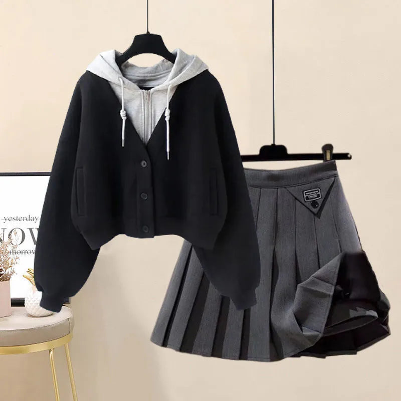 2024 Autumn New Plush and Thick Patchwork Hoodie Jacket Pleated Mini Skirt Two-piece Elegant Women's Skirt Set Outfits 2pcs set 03