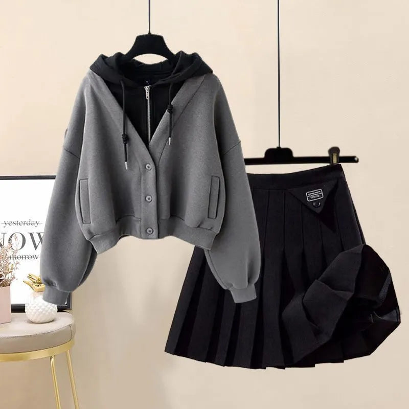 2024 Autumn New Plush and Thick Patchwork Hoodie Jacket Pleated Mini Skirt Two-piece Elegant Women's Skirt Set Outfits 2pcs set 07