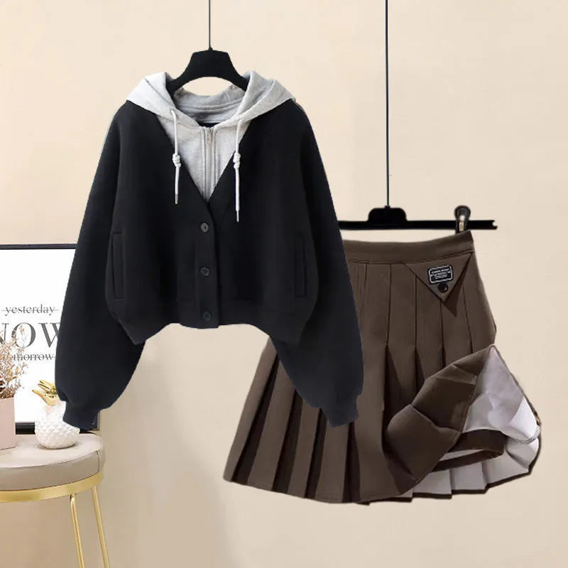2024 Autumn New Plush and Thick Patchwork Hoodie Jacket Pleated Mini Skirt Two-piece Elegant Women's Skirt Set Outfits 2pcs set 05
