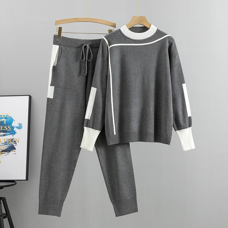 2024 Autumn Runway 2 Pieces Set Knitted Long Sleeve Pullovers Sweater Casual Patchwork Fashion Women Tops and Pants Suits Spring Gray