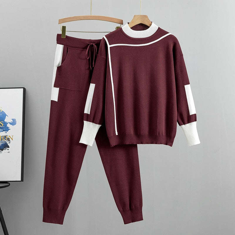 2024 Autumn Runway 2 Pieces Set Knitted Long Sleeve Pullovers Sweater Casual Patchwork Fashion Women Tops and Pants Suits Spring Claret