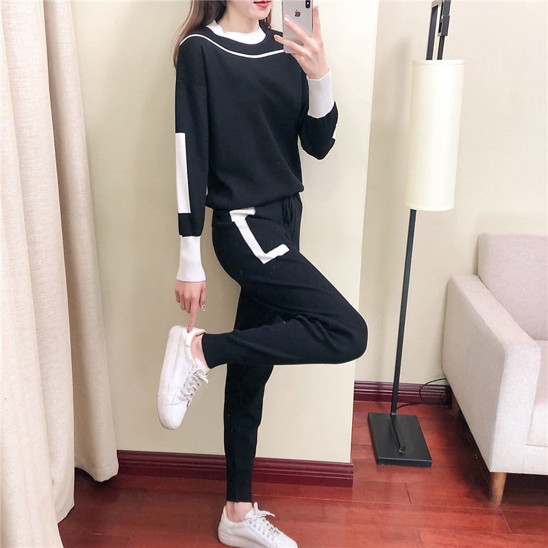 2024 Autumn Runway 2 Pieces Set Knitted Long Sleeve Pullovers Sweater Casual Patchwork Fashion Women Tops and Pants Suits Spring